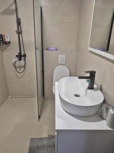 メジュゴリエにあるJela Apartmentの洗面台、シャワー、トイレ付きのバスルーム