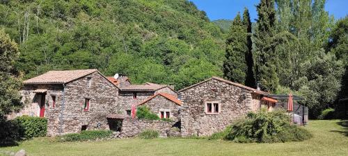 a stone house in a field with a mountain at Le Mas De Ribard in Bréau-et-Salagosse
