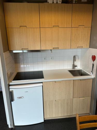 Una cocina con fregadero y refrigerador blanco. en PEGASE 71, en Les Florins