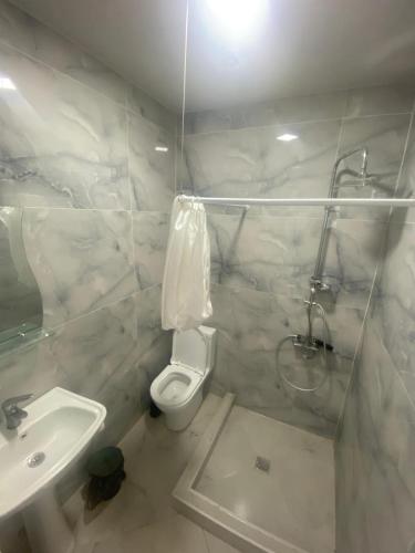 a white bathroom with a toilet and a sink at Guest House Geno in Kvariat'i