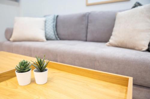 a living room with a couch and two plants on a coffee table at Evis Cosmos 1 - Meno Homes 10 in Xanthi