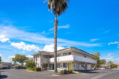 a building with two palm trees in a parking lot at Signature Inn San Jose in San Jose