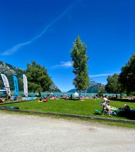 a park with people sitting on the grass and a tree at Modernes Apartment am Traunsee - See, Berge, Fitness & Parkplatz in Altmünster
