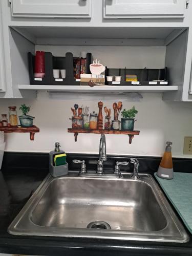 a sink in a kitchen with shelves above it at Fun Home in Pocono with Gameroom-Firpit-BBQ Grill-TV and AC in all rooms in Tobyhanna