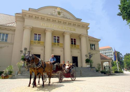 a man in a horse drawn carriage in front of a building at Hotel Goldner Anker in Bad Elster