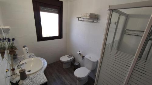 a bathroom with a toilet and a sink and a shower at Villa Encarni in Ronda