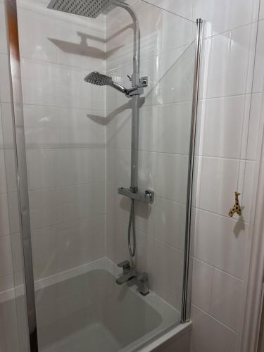 a bathroom with a shower and a tub with a shower at Two bed Ideal newport base in Newport
