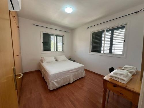 a bedroom with a bed and a desk and two windows at Spacious City Center - Suite 203 in Nicosia