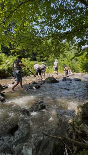 a group of people crossing a stream with a stick at Old farm in Ijevan