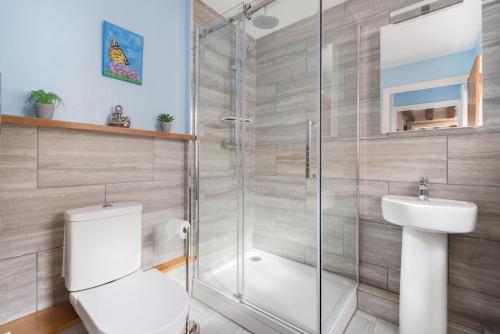 ein Badezimmer mit Dusche, Toilette und Waschbecken in der Unterkunft Puddingmoor Cottage in Beccles