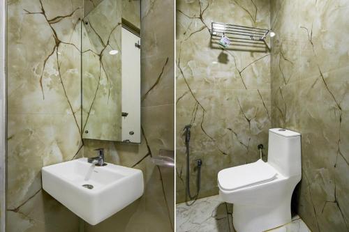 two pictures of a bathroom with a sink and a toilet at Hotel O The Pramaan in Kukatpalli