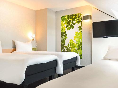 a hotel room with two beds and a tv at ibis Strasbourg Sud La Vigie in Ostwald
