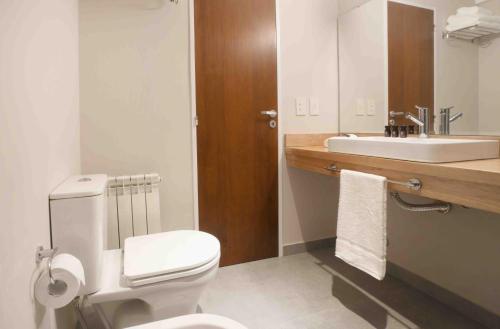 a bathroom with a white toilet and a sink at La Cascada Casa Patagónica by DON in San Carlos de Bariloche