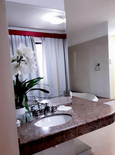 a bathroom with a sink and a vase of flowers at Hotel Presidente Asunción in Asunción