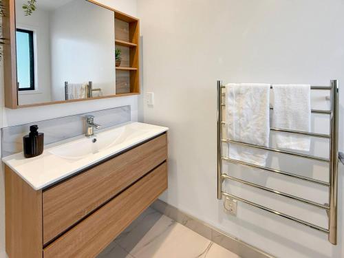 a bathroom with a sink and a mirror at One Bedroom Stunner in Allen Street in Linwood