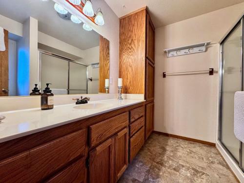 a bathroom with a sink and a large mirror at Forest View Family Home in Pollock Pines