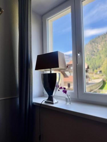 a lamp sitting on a window sill with a flower at AH Carinthia Mallnitz - Carinthia Appartements in Mallnitz