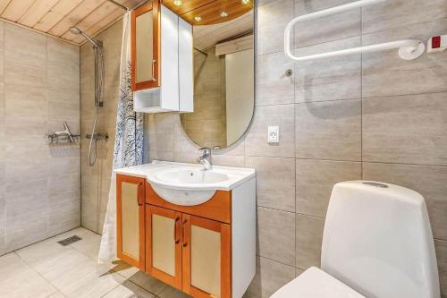 un bagno con lavandino, WC e specchio di C11425-Skjern-Klitrosevej-15 a Halby