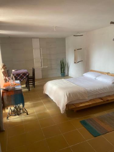 a bedroom with a large bed and a table at B&B - Trekking y Senderismo in Choachí