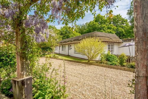 a cottage with a thatched roof and a gravel driveway at Jasmine Cottage in West Runton