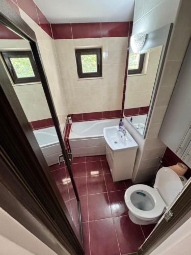 a bathroom with a toilet and a tub and a sink at HomeLand3 in Bîrlad