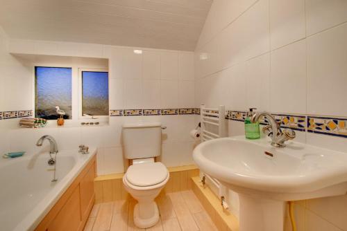 a bathroom with a white toilet and a sink at Castle Point Cottage Craster in Craster