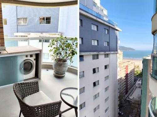un balcón con lavadora y un edificio en Estanconfor Santos - com vista mar, en Santos