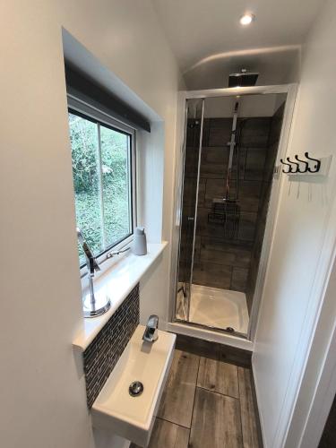 a bathroom with a sink and a shower at The Pumphouse with Hot Tub in Weymouth