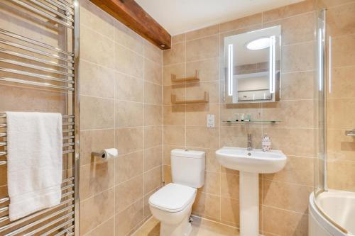 a bathroom with a toilet and a sink and a shower at Swallows Barn in Little Snoring