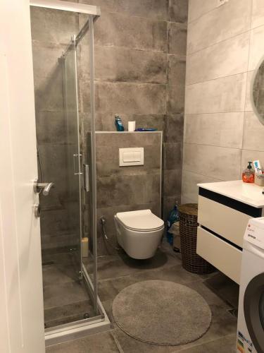 a bathroom with a toilet and a glass shower at New Modern Apartment in Mitrovicë