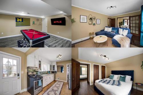 a collage of four pictures of a room at 10 Mins To The Big House and Sleeps Up To 10 Guests in Ann Arbor