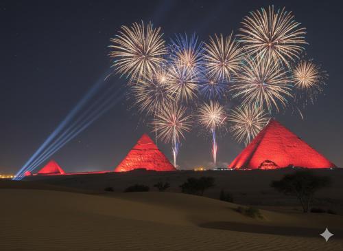 a fireworks display over the pyramids in the desert at The View Pyramids Gold Two in Cairo