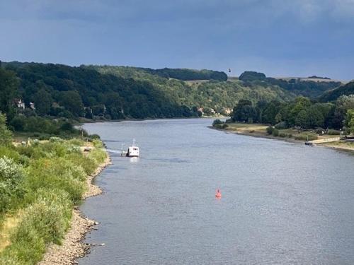 a boat in the middle of a river at Wanderer Paradies in Pirna