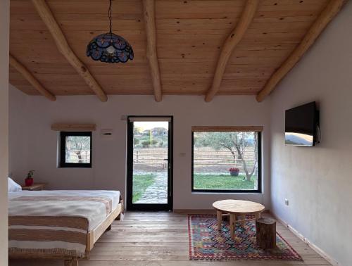 a bedroom with a bed and a tv and windows at Me Ra, Mrizi Zanave in Fishtë