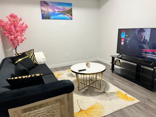 a living room with a black couch and a tv at One bedroom private entrance suite in Edmonton