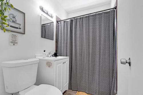 a bathroom with a toilet and a shower curtain at Luxury Miami Home Close to Beach & Aventura Mall in Biscayne Park