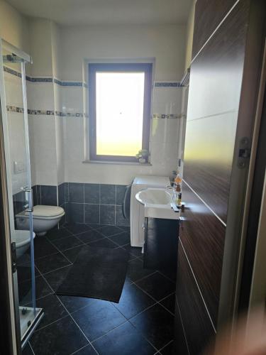 a bathroom with a sink and a toilet and a window at A casa di Thelma in Barolo