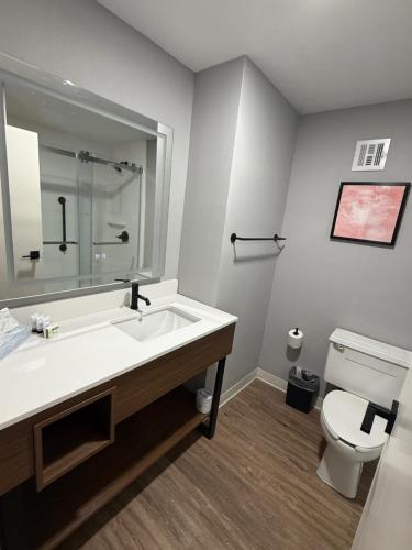 a bathroom with a sink and a toilet at Ramada by Wyndham Albuquerque Midtown in Albuquerque