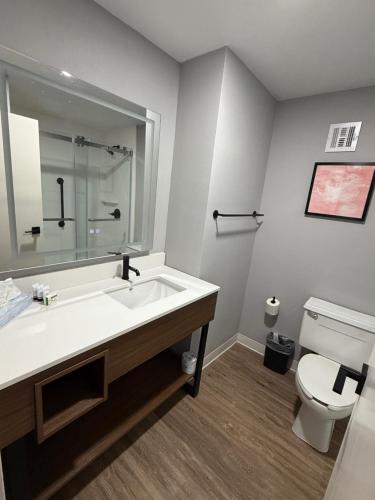a bathroom with a sink and a toilet at Ramada by Wyndham Albuquerque Midtown in Albuquerque
