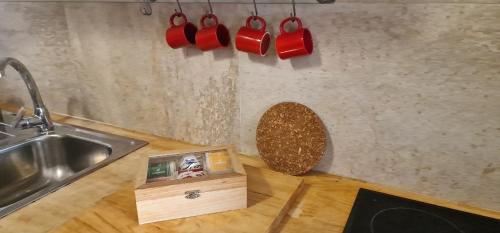 a kitchen counter with a sink and red mugs at Airam Campanario in Almansa