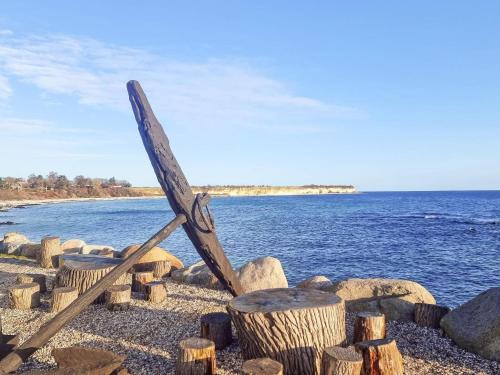 a pair of skis sitting on top of logs on a beach at Charming Retreat by Water - By Traum Ferienwohnungen in Nykøbing Sjælland