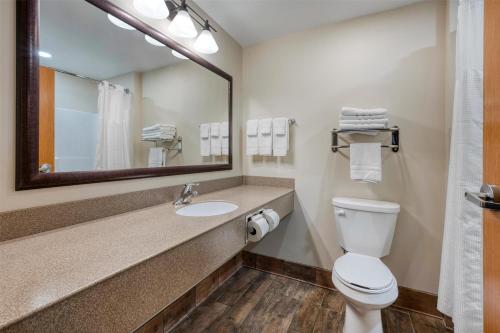 a bathroom with a toilet and a sink and a mirror at SureStay Plus Hotel by Best Western Elizabethtown Hershey in Elizabethtown