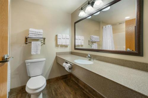 a bathroom with a toilet and a sink and a mirror at SureStay Plus Hotel by Best Western Elizabethtown Hershey in Elizabethtown