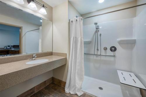 a bathroom with a shower and a sink at SureStay Plus Hotel by Best Western Elizabethtown Hershey in Elizabethtown