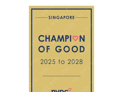 a sign that reads champion of good to at Sofitel Singapore City Centre in Singapore