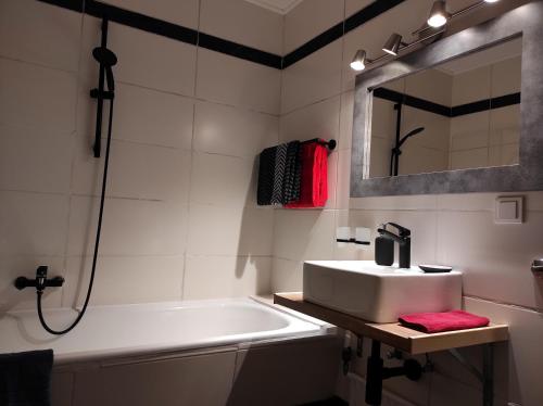 a bathroom with a sink and a tub and a mirror at Ferienwohnung Vogelnest im Schwarzwald in Baiersbronn
