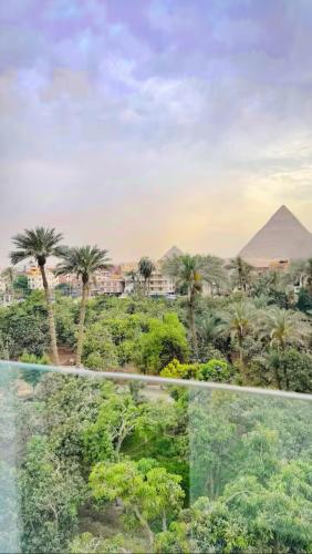 a view of the pyramids and palm trees from a window at Amon Pyramids View Inn in Cairo