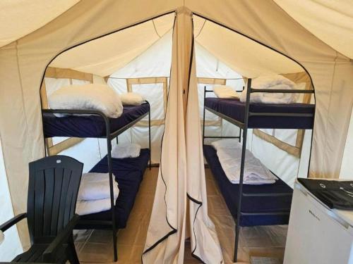a tent with three bunk beds in it at Camping tent with modern amenities in Trois-Ponts