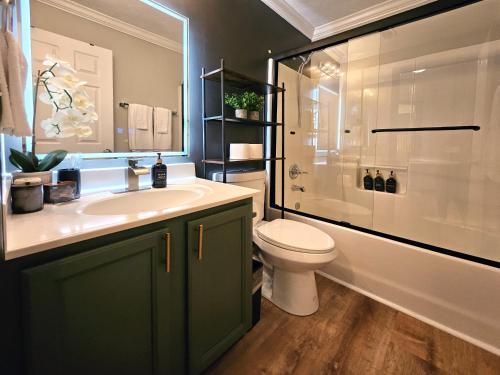 une salle de bain avec un lavabo, des toilettes et une douche dans l'établissement Sleeps 10 Pet-friendly 4br Near Hospital, à Lawrenceville