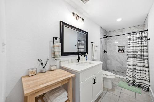 a bathroom with a sink and a toilet and a mirror at 4BR Modern Getaway by Lackland & SeaWorld in San Antonio